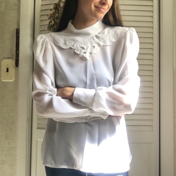 {Vintage} White Puff Sleeve High Neck Sheer Blouse - Picture 2 of 8